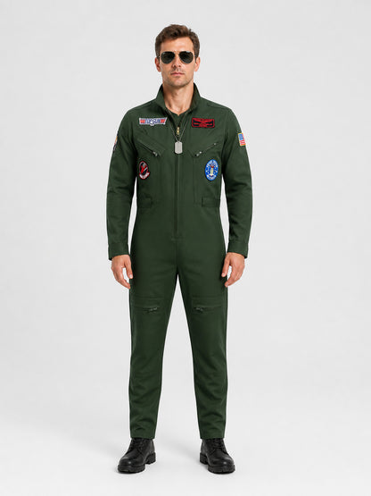 Top Gun Pilot Cosplay Jumpsuit, Khaki, Glasses and Chain on-model view