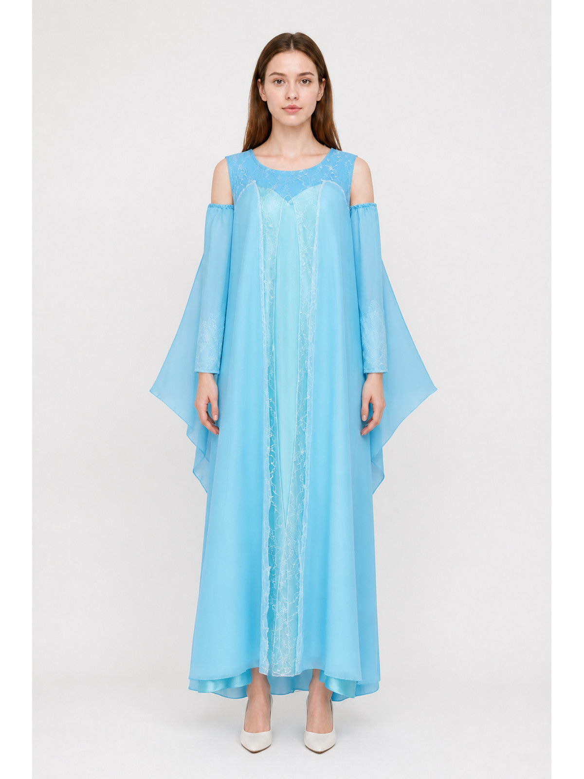 Long Light-Blue Dress with Off-the-Shoulder Neckline and Sleeves main product view