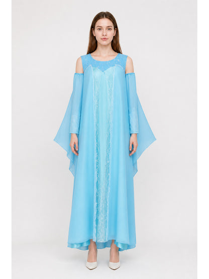 Long Light-Blue Dress with Off-the-Shoulder Neckline and Sleeves main product view