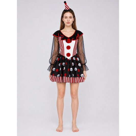 Circus Clown Costume with Red-and-White Pattern on-model view