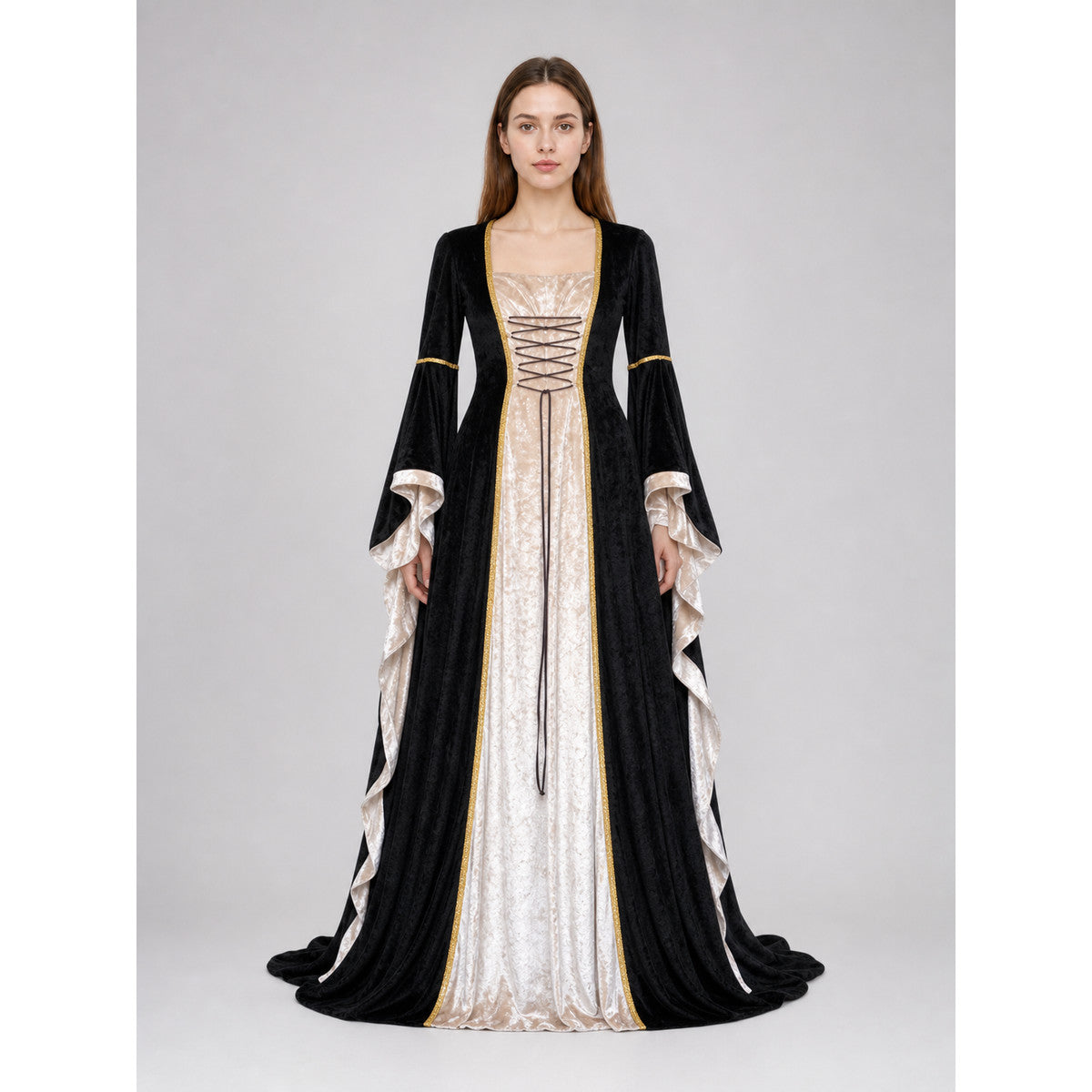 Floor-Length Dress with Corset Lacing and Ruffles