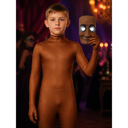 Brown Full Body Jumpsuit Costume with Face Mask, Long Sleeve Halloween Cosplay on-model view