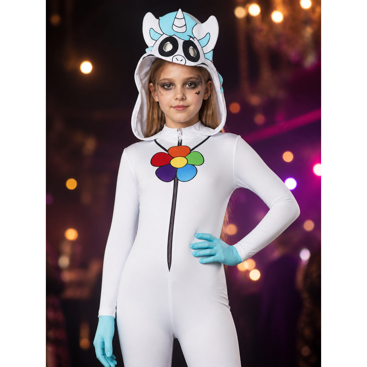 Unicorn Full Body Cartoon Animal Jumpsuit Costume with Hood and Gloves on-model view
