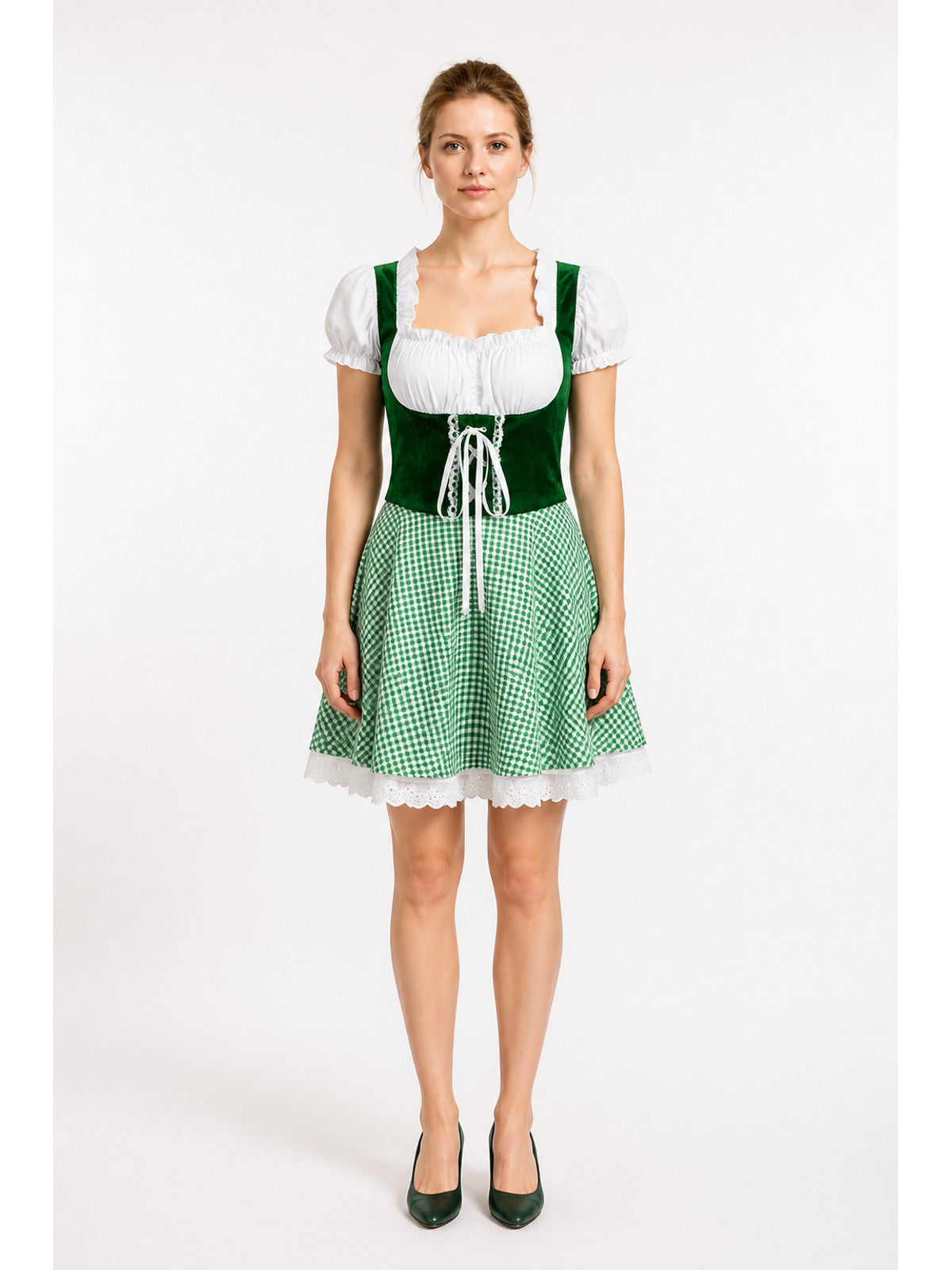 Bavarian-Style Plaid Dress with Lace-Up Front