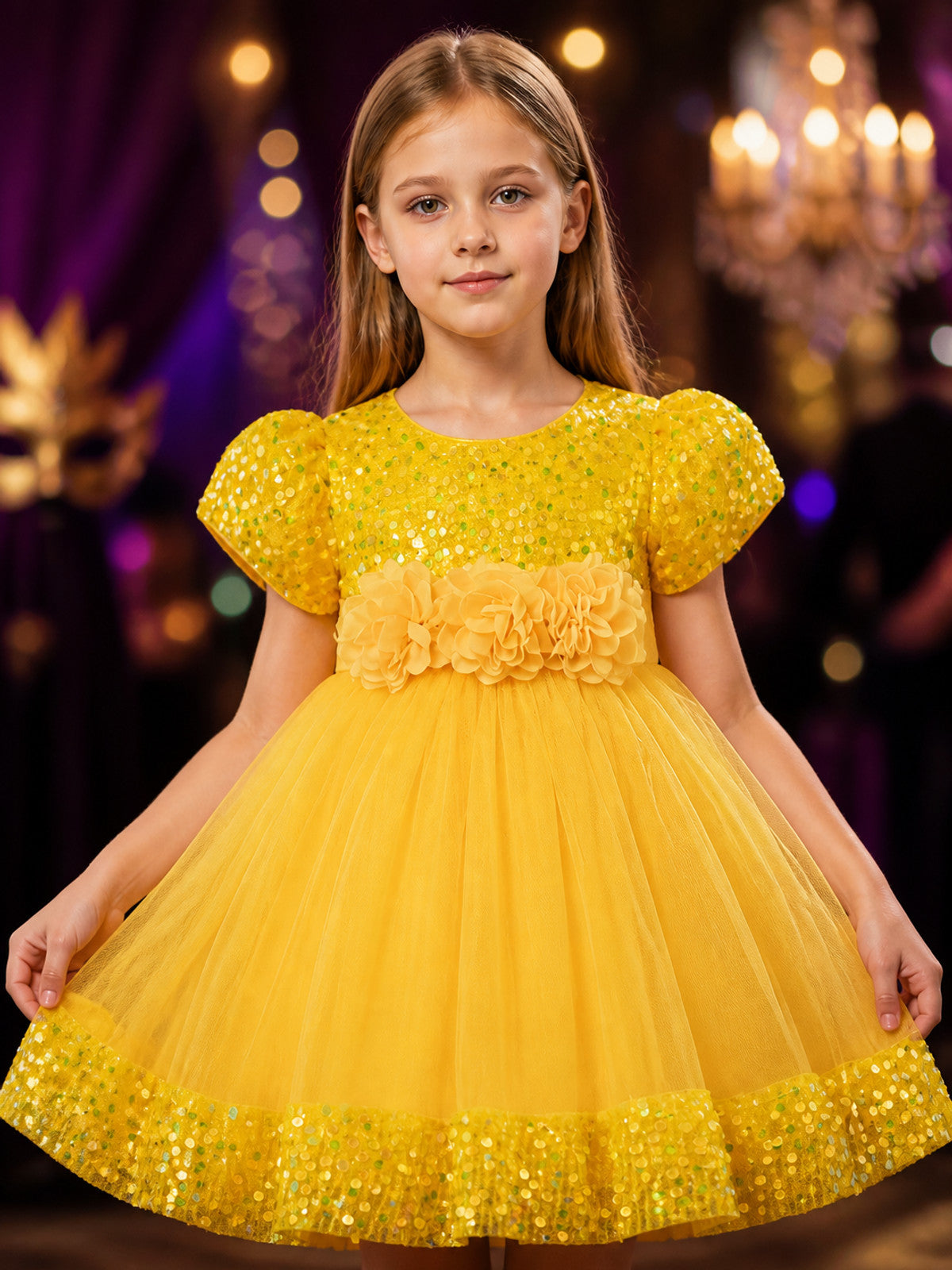 Baby Girls Princess Dress, Sequined Bodice, 3D Flower Waist, Layered Tulle Skirt