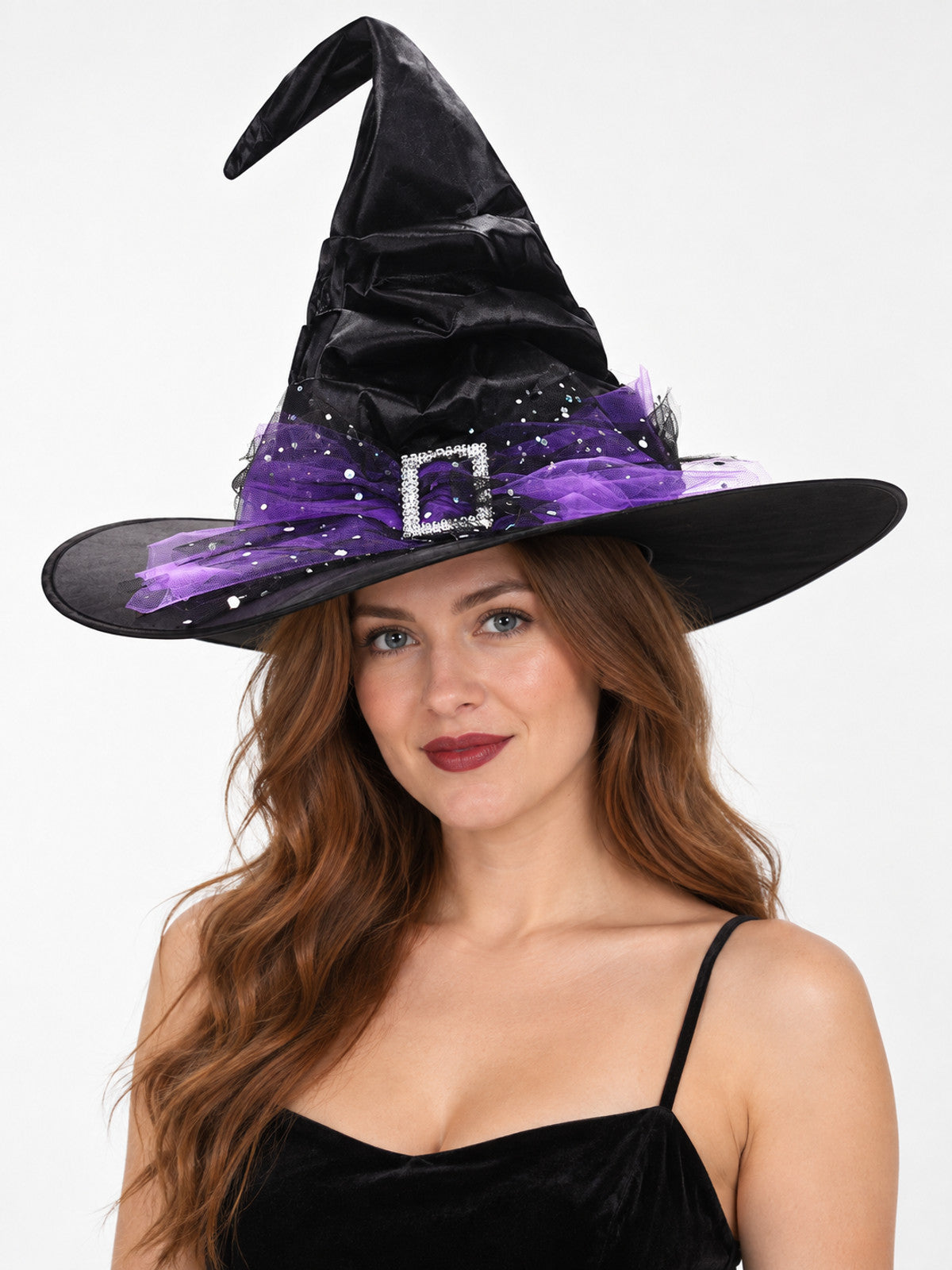 Black Witch Hat with Purple Netting and Glitter
