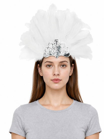 Feathered carnival headband shown on a front-facing model, with a fan of white feathers and a silver sequined center