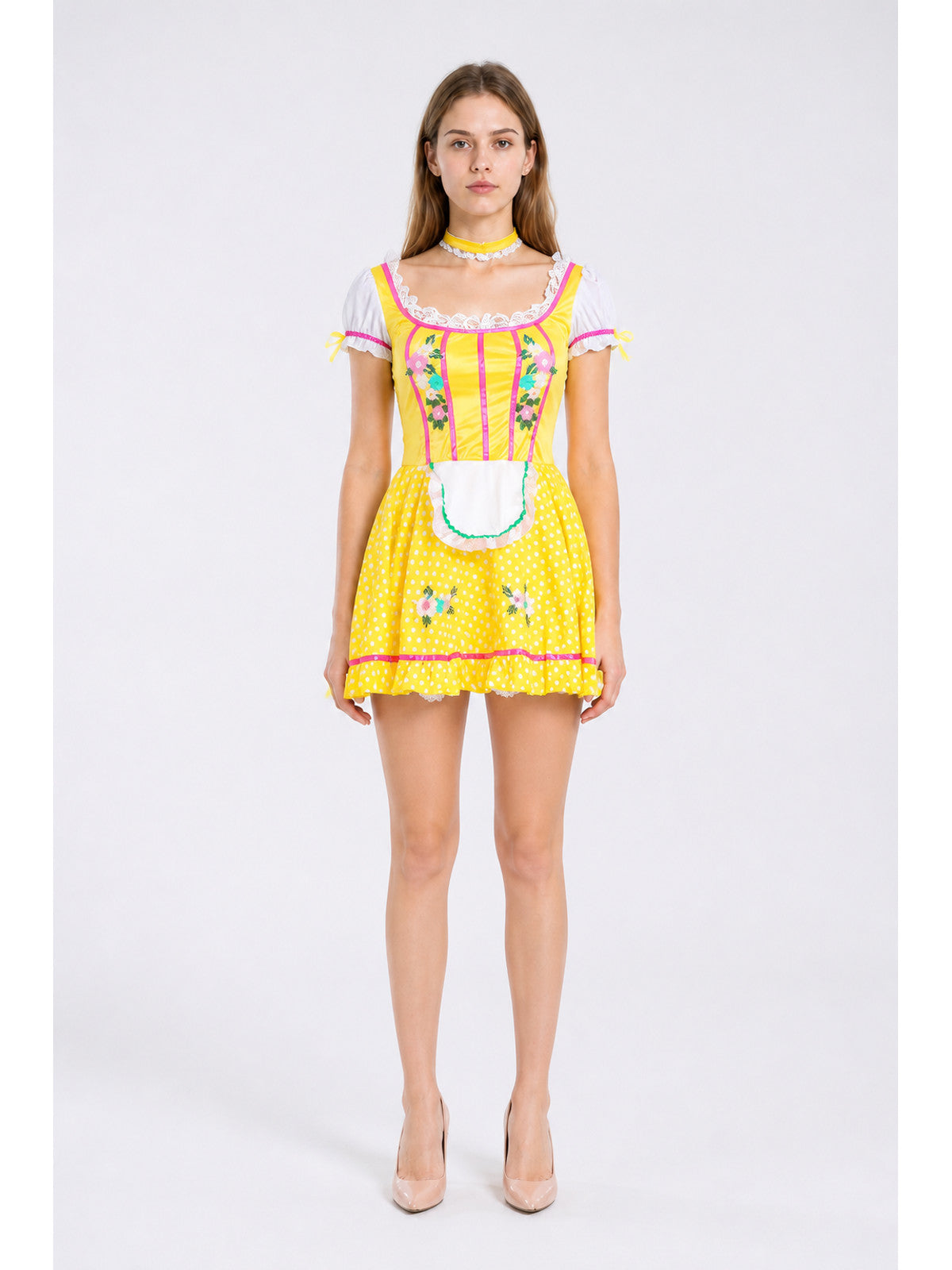 Dress with an apron and puff sleeves in polka dots and floral print main product view