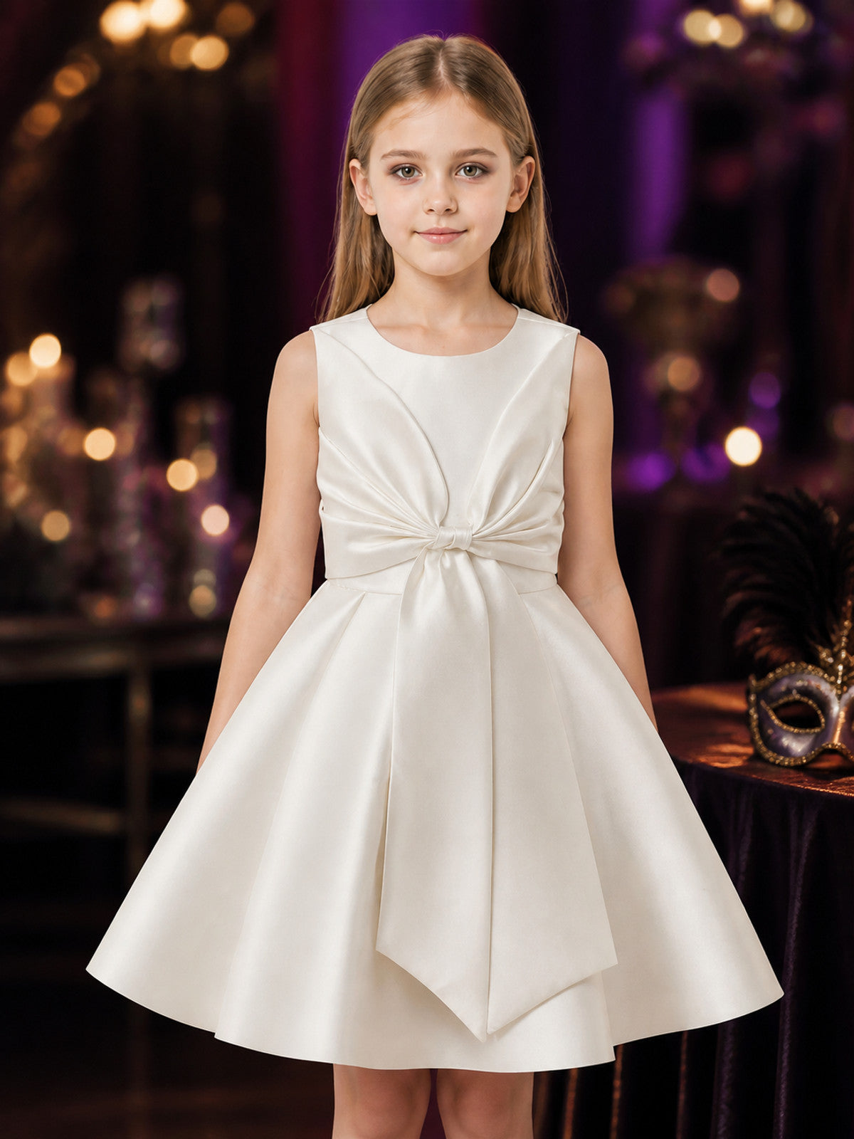 Girls' White Princess Dress, Sleeveless Large Bow Formal Gown