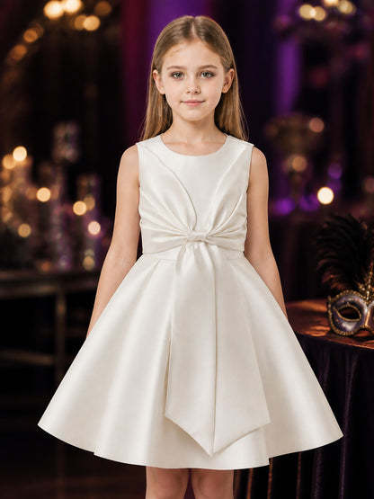 Girls' White Princess Dress, Sleeveless Large Bow Formal Gown