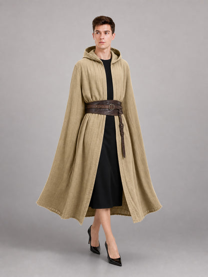 Khaki Medieval Hooded Carnival Cloak front view