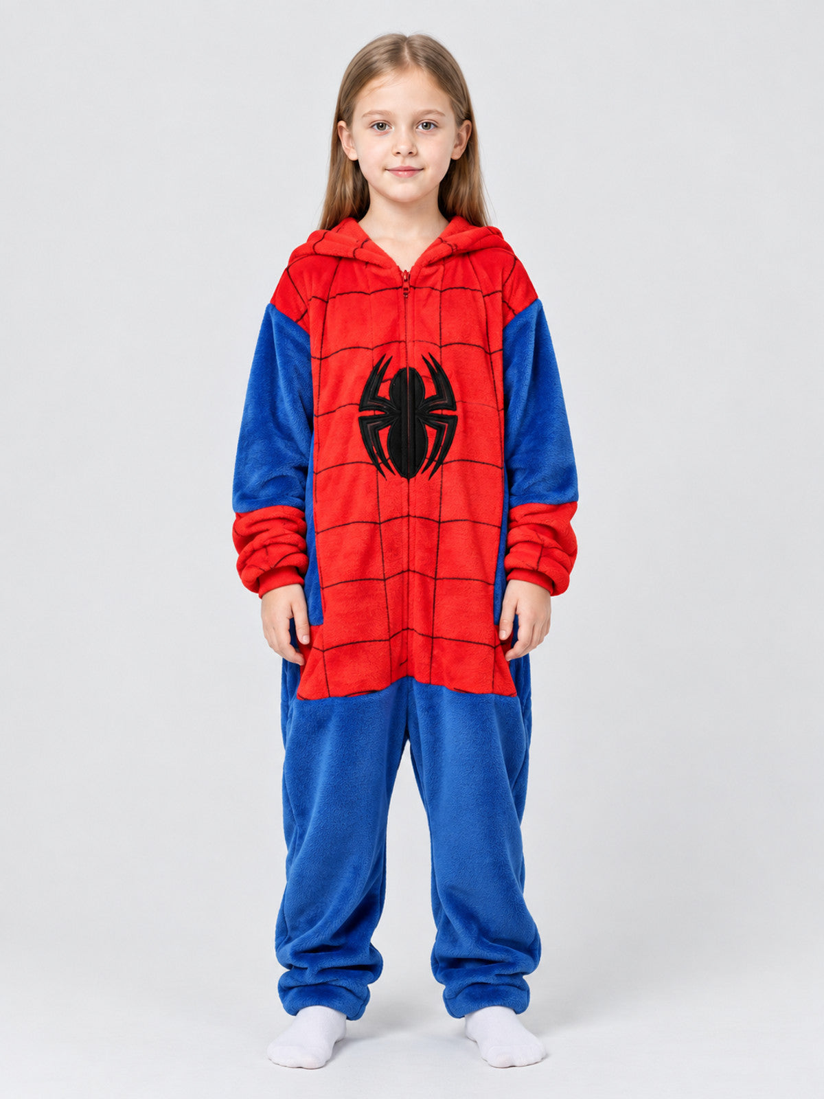 Red and Blue Fleece Pajama Jumpsuit with Spider Print