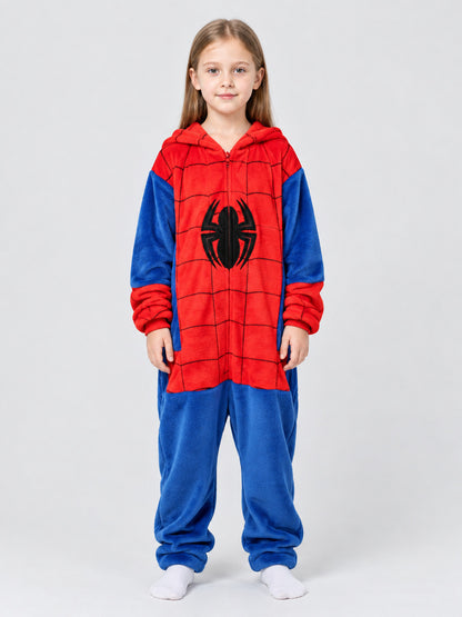 Red and Blue Fleece Pajama Jumpsuit with Spider Print