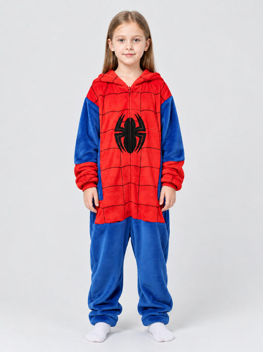Red and Blue Fleece Pajama Jumpsuit with Spider Print