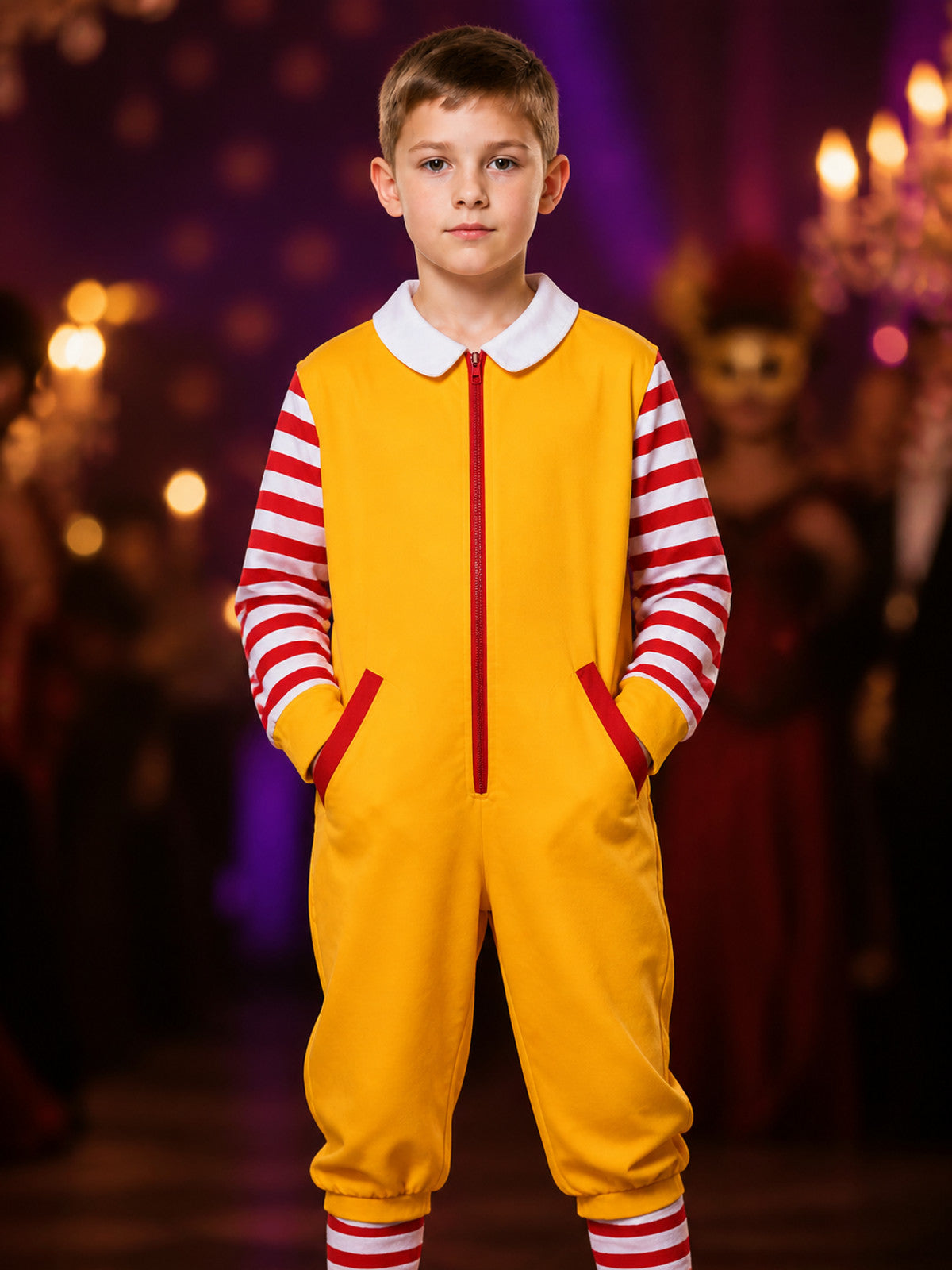 Clown Jumpsuit Costume, Red White and Yellow Striped Halloween Cosplay Outfit on-model view