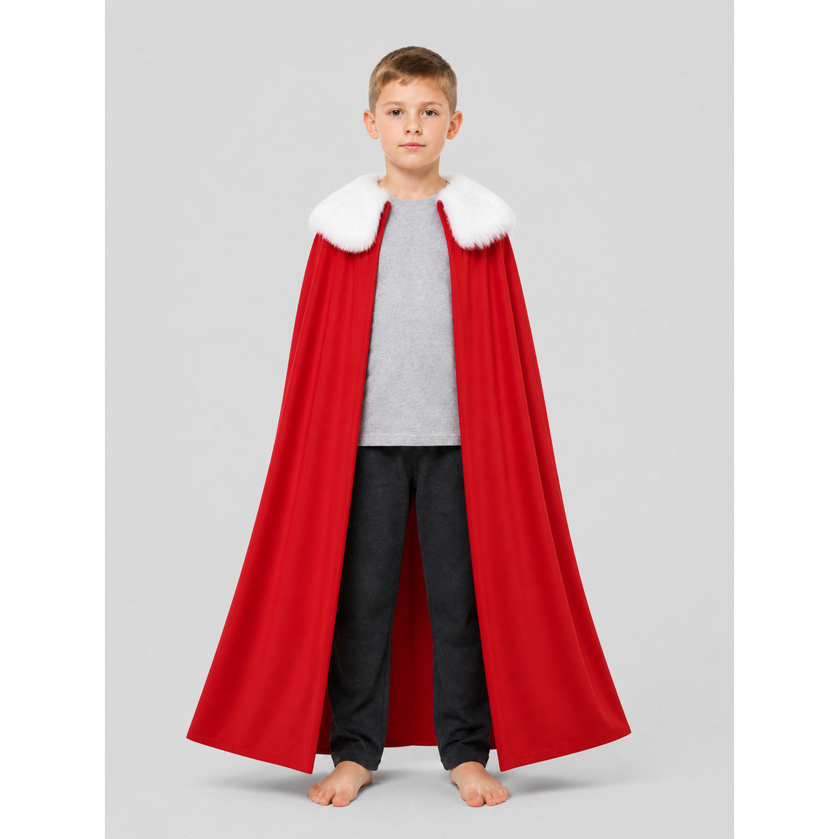 Long Red Cape with a White Fluffy Collar on-model view