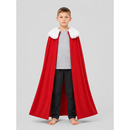 Long Red Cape with a White Fluffy Collar on-model view