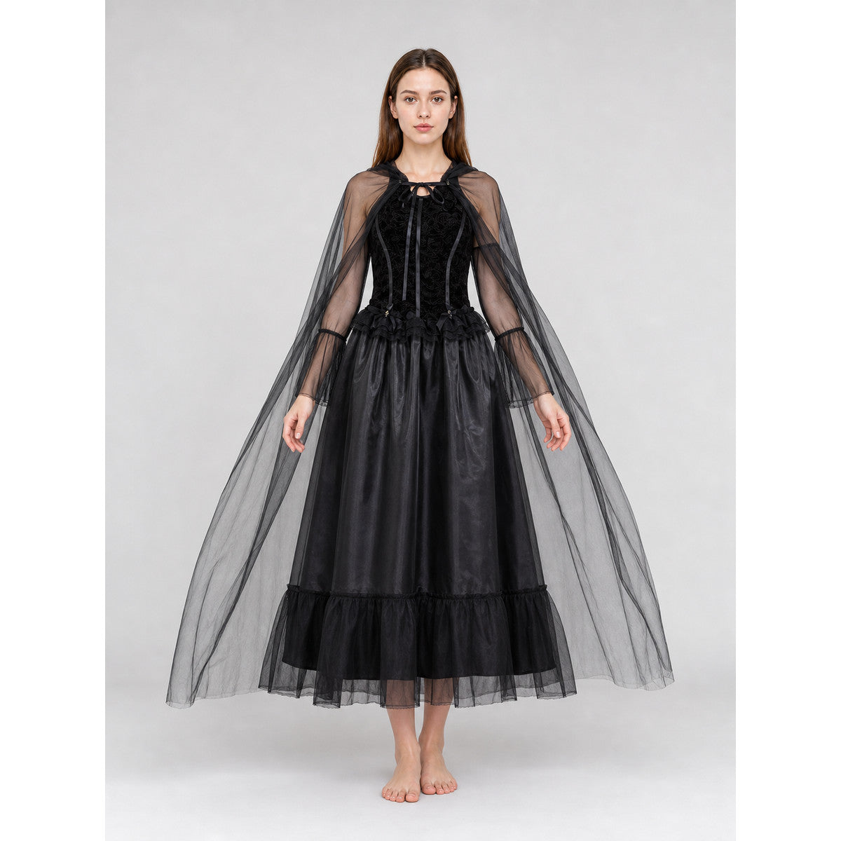 Gothic Black Dress with Cape and Lacing front view