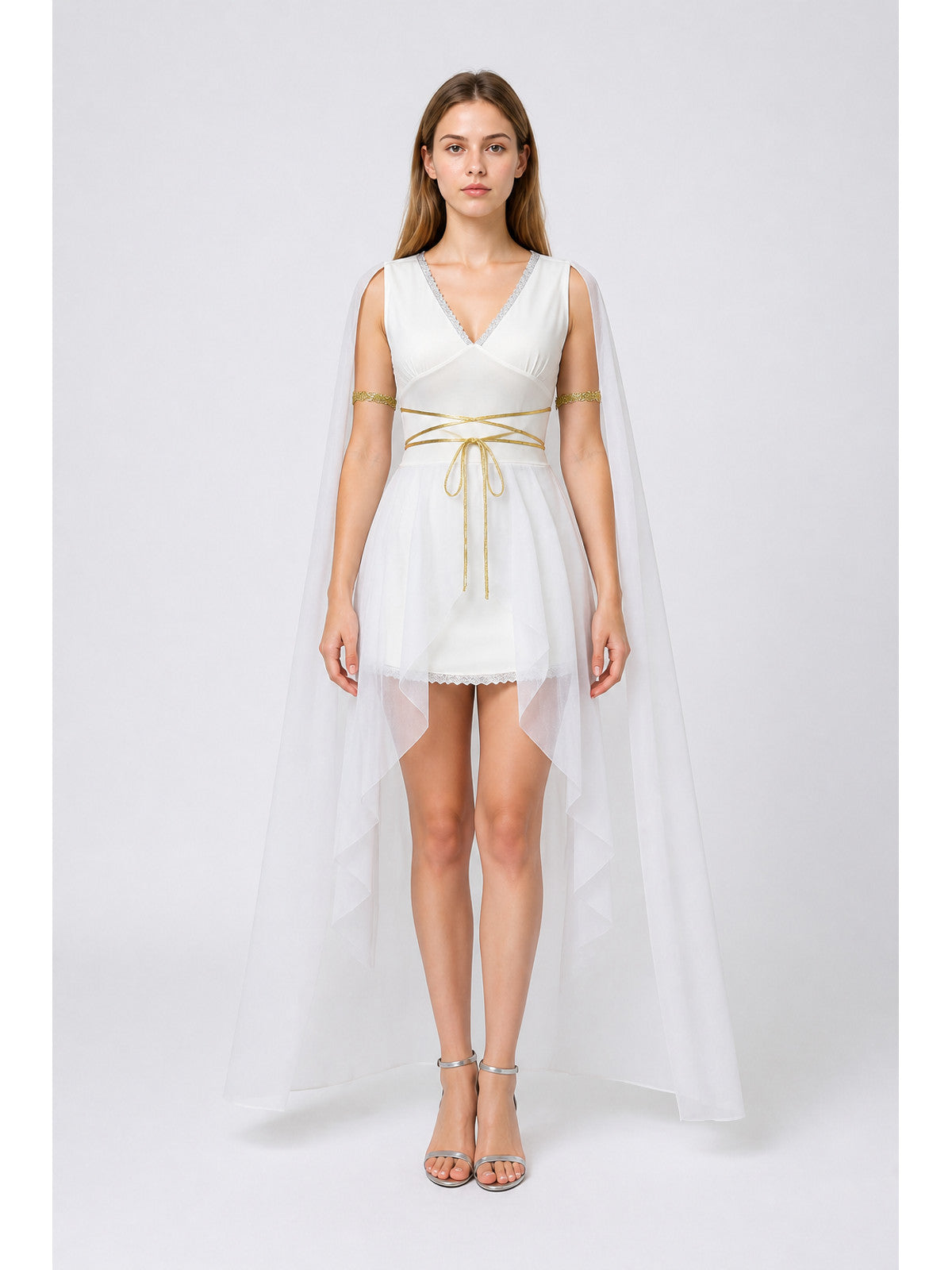 White Dress Costume with Cape and Gold Embellishments main product view