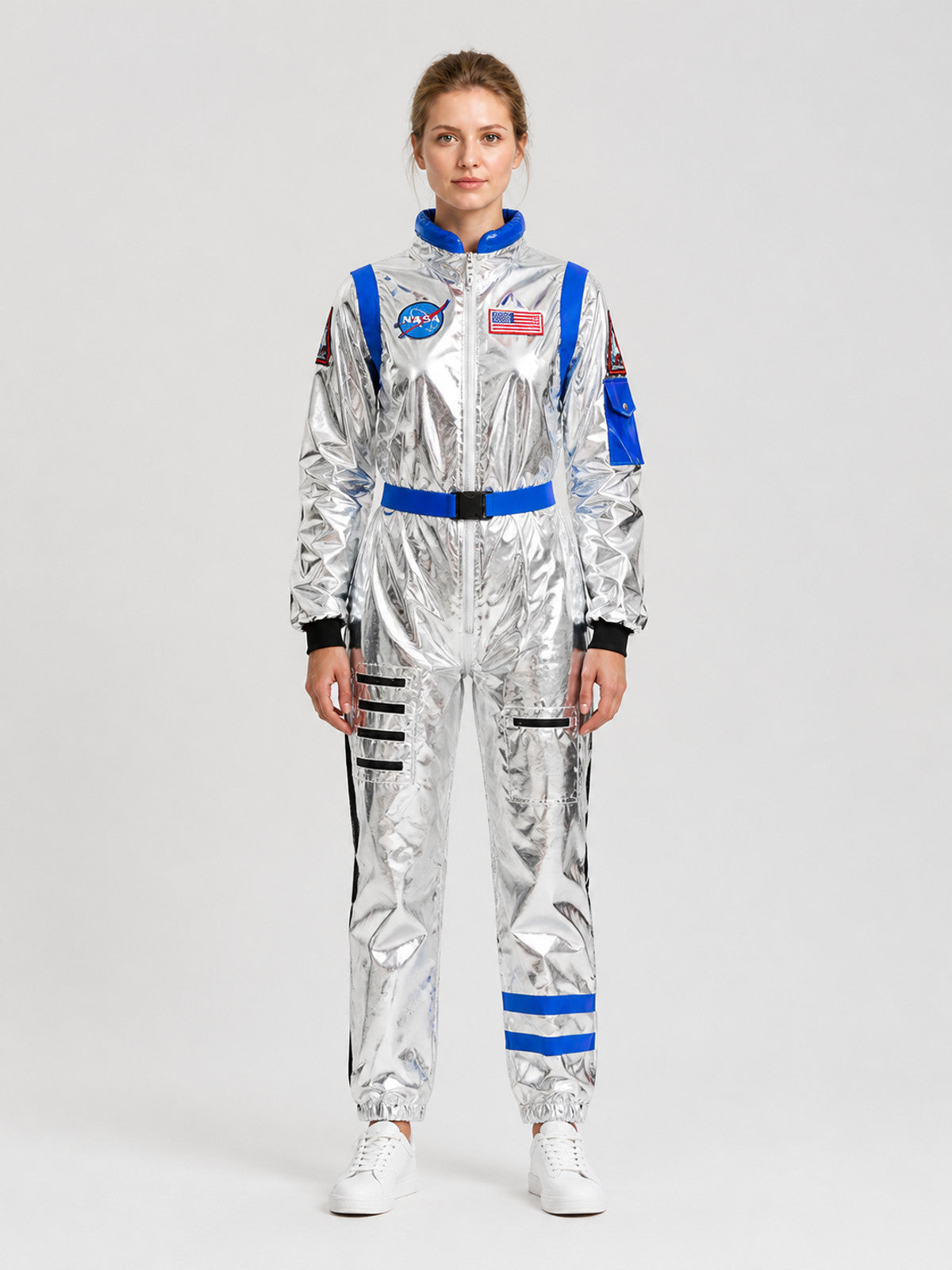 Cosplay astronaut jumpsuit, blue, with a belt on-model view