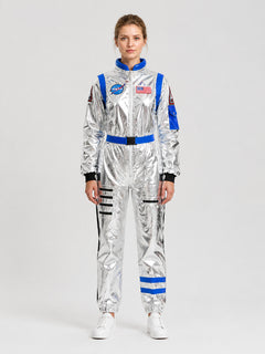 Adult Silver Astronaut Costume Jumpsuit with Blue Trim & Belt – Unisex Space Cosplay Flight Suit