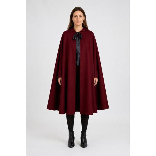 Wine-Colored Hooded Cape with Black Ties for Halloween main product view