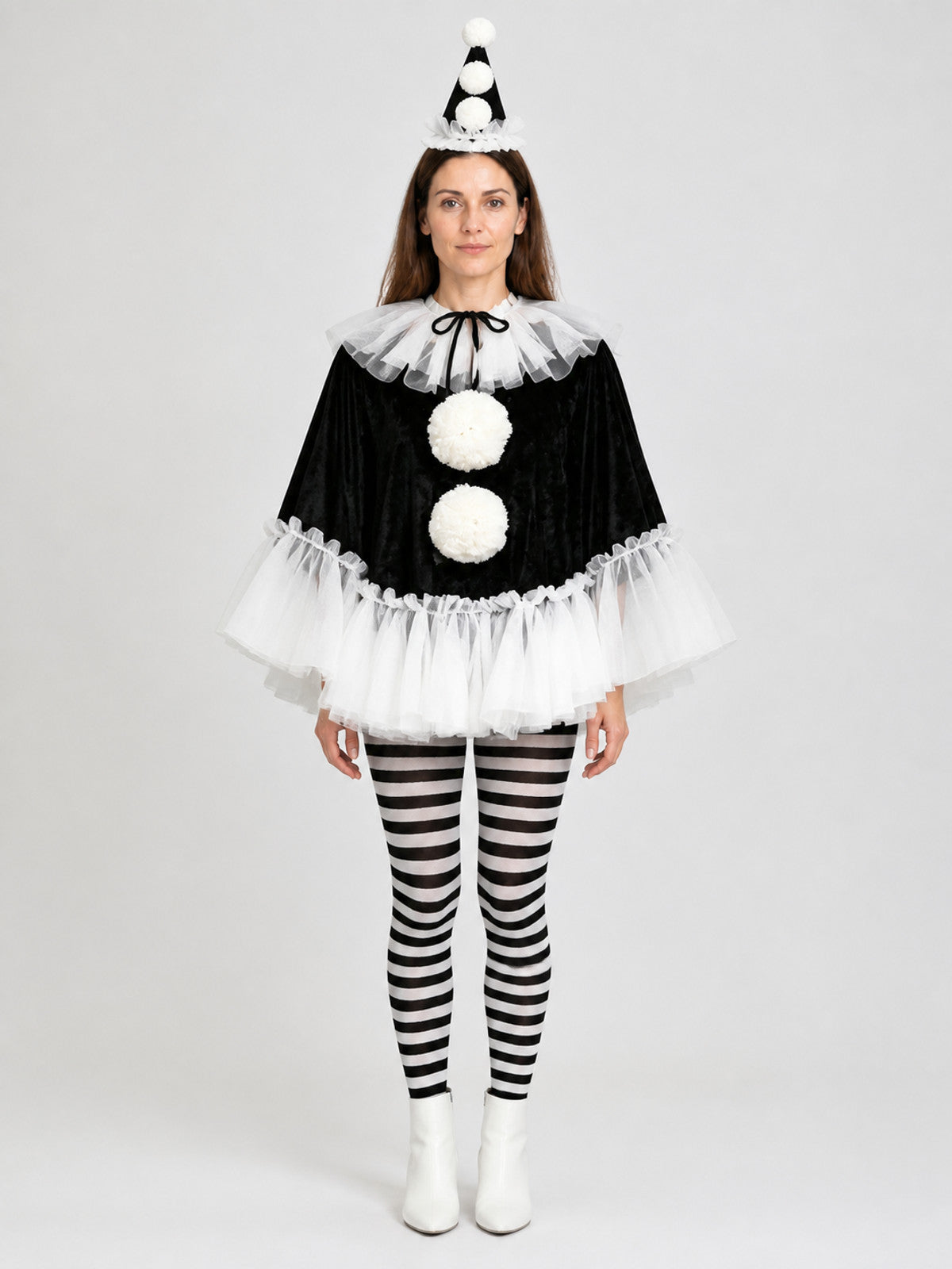 Black and White Carnival Cape with Pom-Poms on-model view