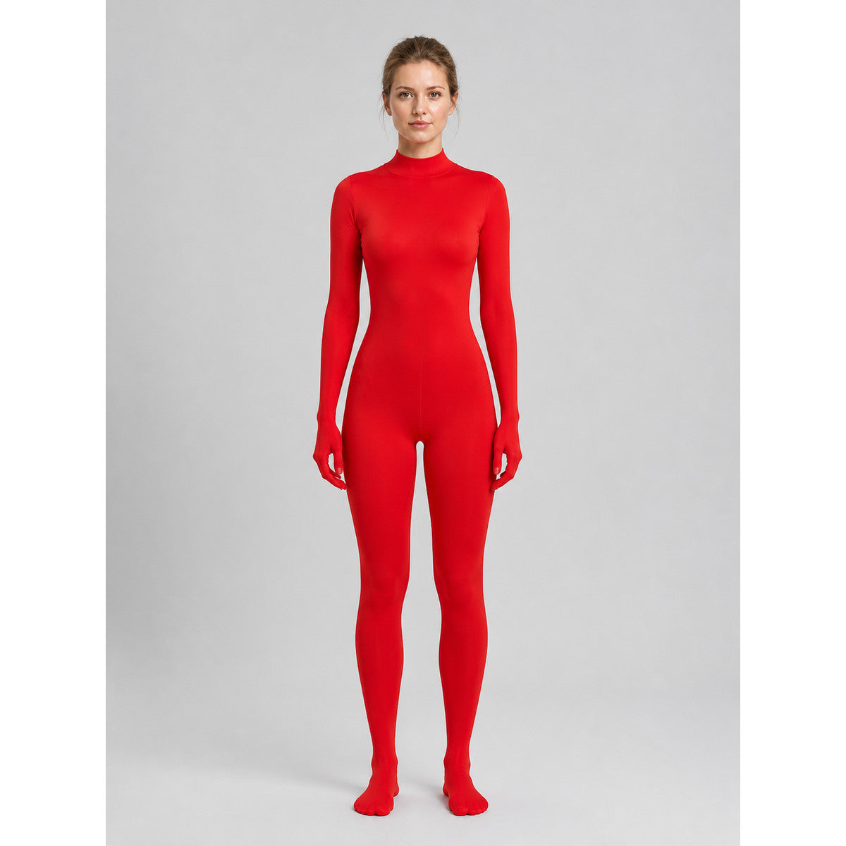 Fitted jumpsuit with covered hands and feet on-model view