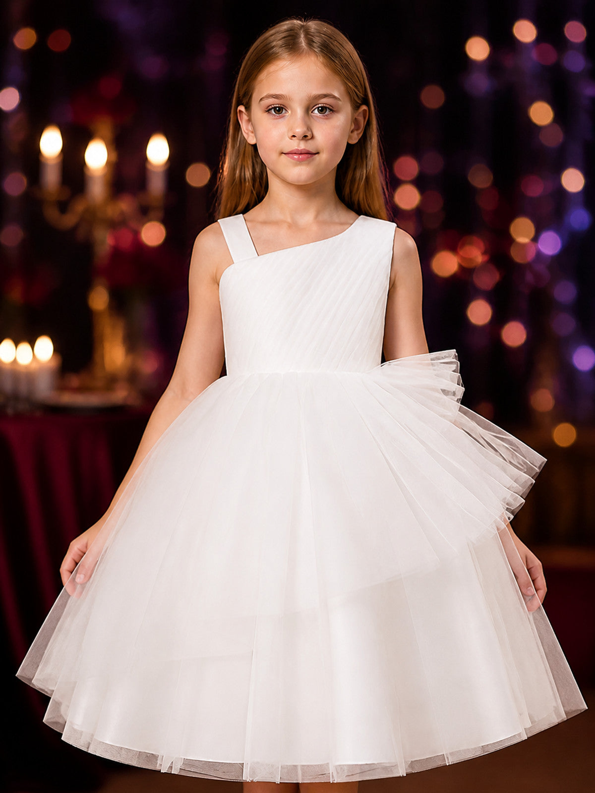 Girls' White One-Shoulder Tulle Princess Dress, Sleeveless Formal Gown on-model view