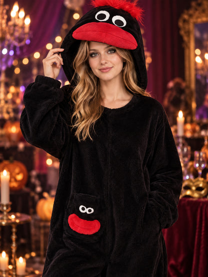 Black one-piece pajama with red pile and appliqué