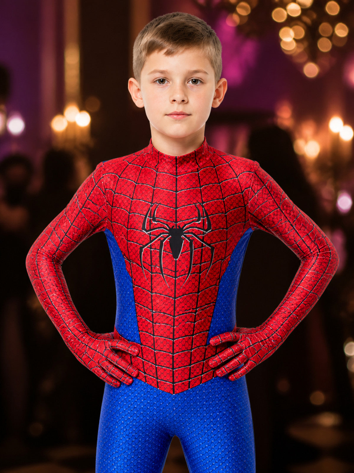 Kids Red And Blue Spider-Themed Full-Body Bodysuit Costume With Mask on-model view