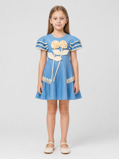 Girls' Dressy Dress with Pleats and Flowers on-model view