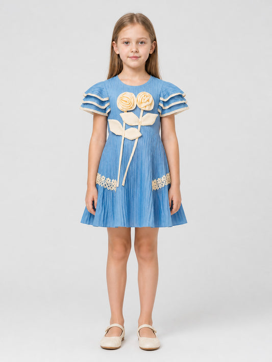 Girls' Dressy Dress with Pleats and Flowers on-model view