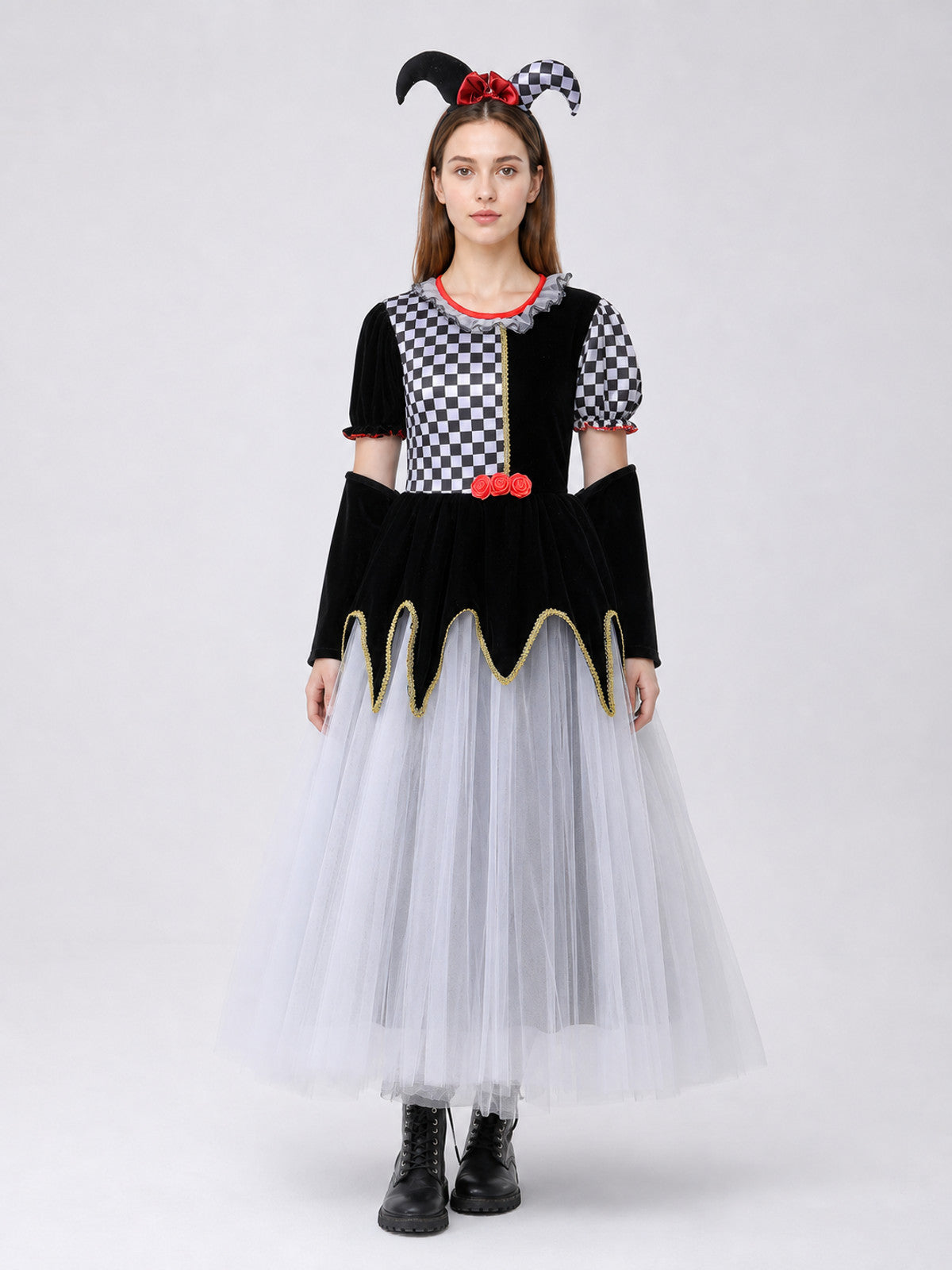 Carnival Dress, Black and White Plaid, Gothic Style on-model view