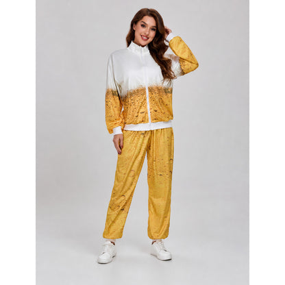The costume consists of a jacket and long pants made in a matching design. The set features a white-and-yellow color scheme with a distinctive gradient insert: the upper part of the jacket is white, while the lower part gradually transition