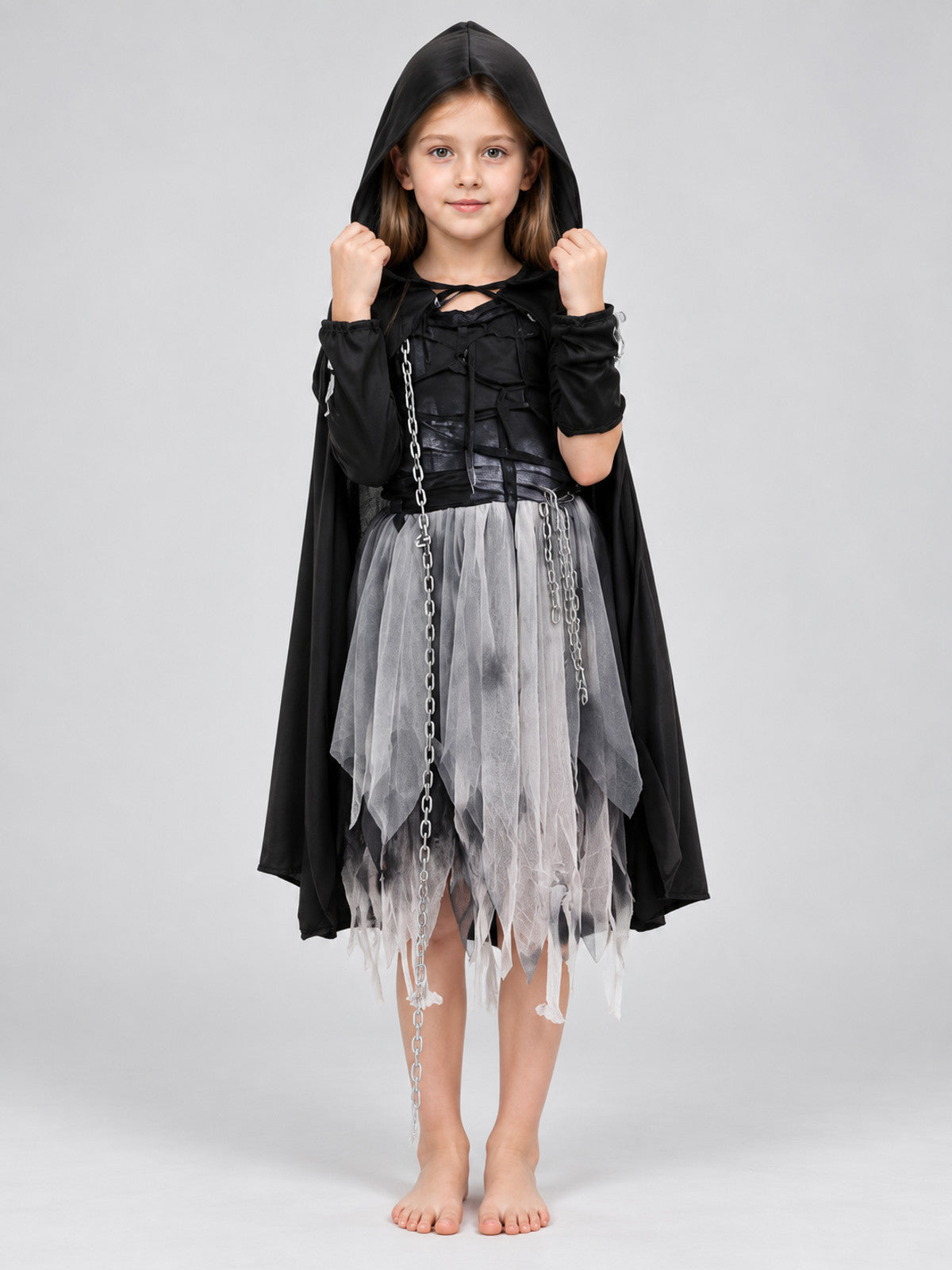 Carnival Costume with Black Cape, Dress, and Chain