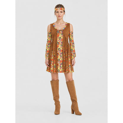 Retro Hippie Fringe Floral Print Dress on-model view
