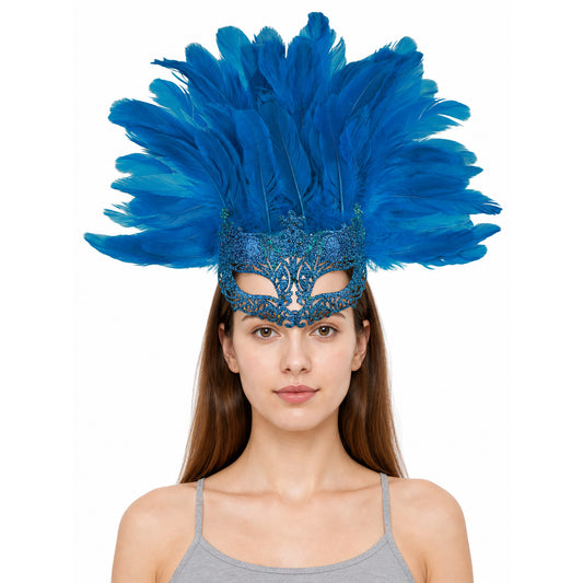 Carnival Eye Mask with Blue Feathers