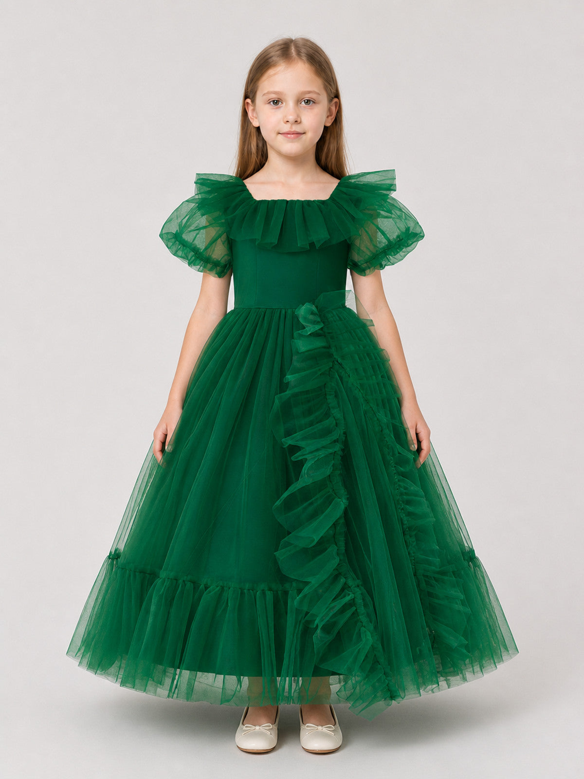 Dark Green Princess Dress for Girls with Full Skirt on-model view