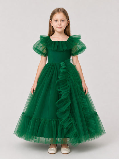 Dark Green Princess Dress for Girls with Full Skirt on-model view