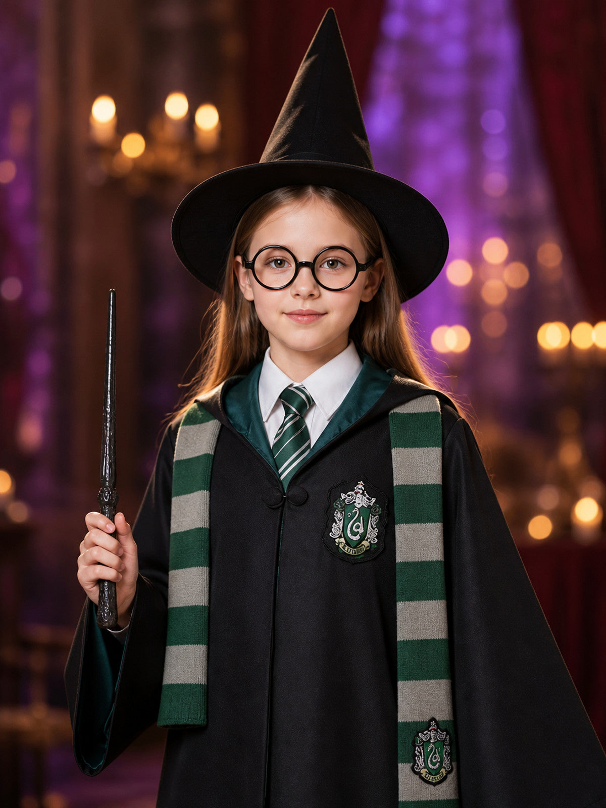 Green And Silver Wizard Robe Costume Set, 7-Piece Cosplay Outfit With Hat, Scarf on-model view