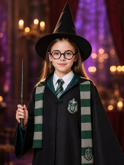 Green And Silver Wizard Robe Costume Set, 7-Piece Cosplay Outfit With Hat, Scarf on-model view