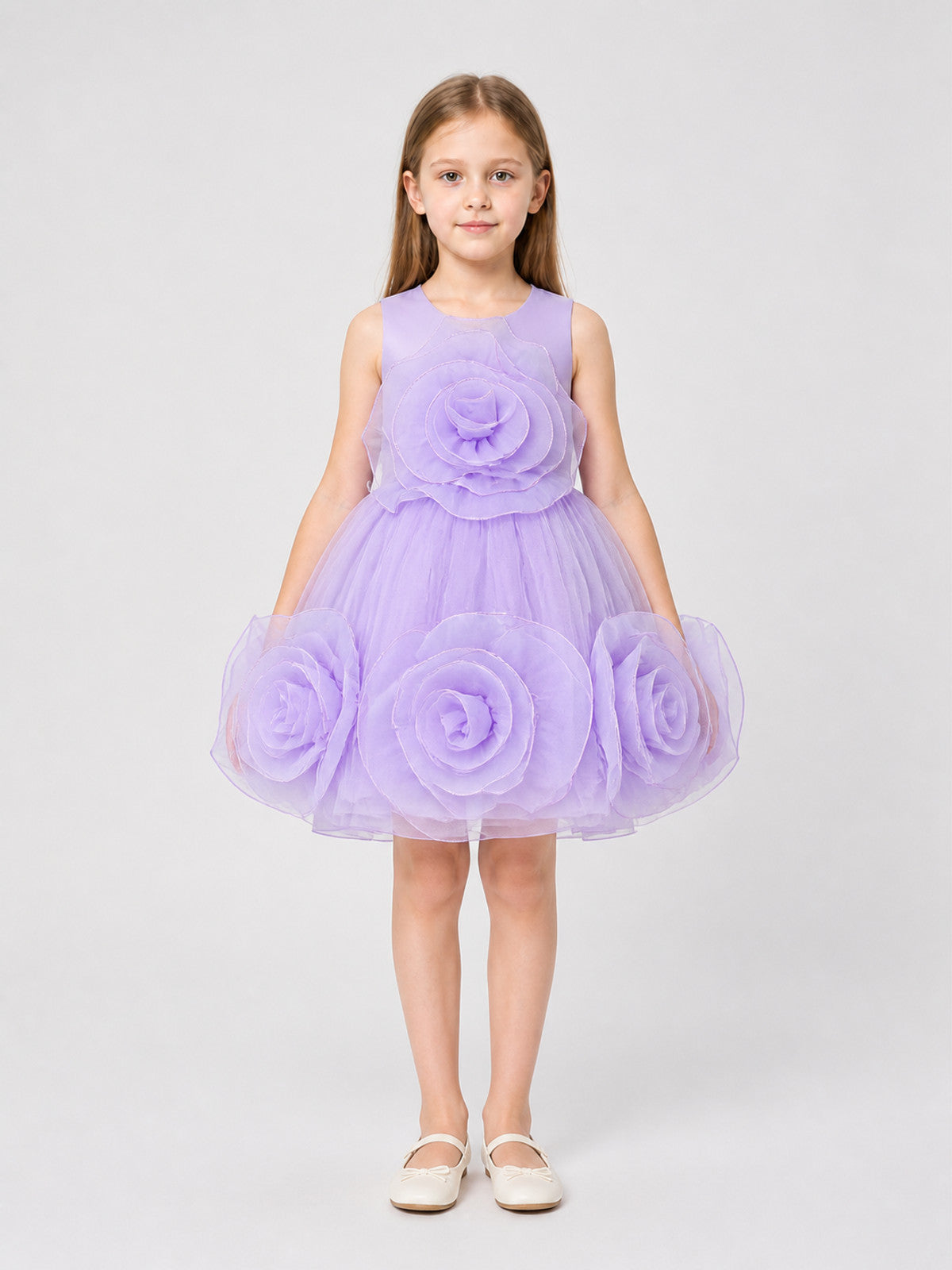 Children's Puffy Tulle Dress with 3D Flowers on-model view