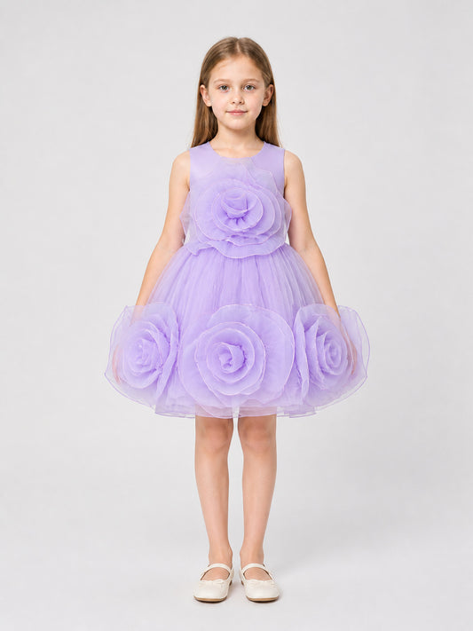 Children's Puffy Tulle Dress with 3D Flowers on-model view