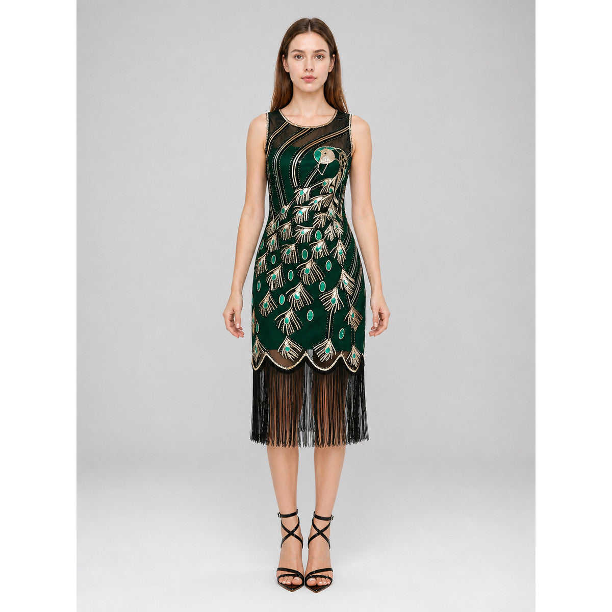 Gatsby-Style Dress with Fringe and Peacocks