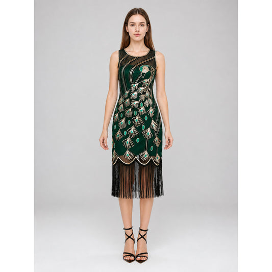 Gatsby-Style Dress with Fringe and Peacocks