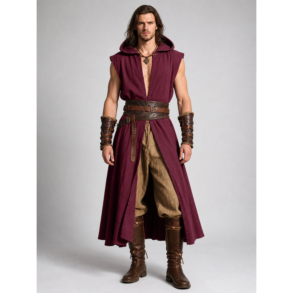 Medieval Hooded Cloak, Wine Red on-model view