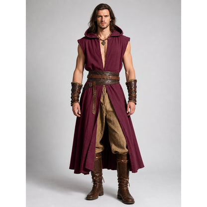 Medieval Hooded Cloak, Wine Red on-model view
