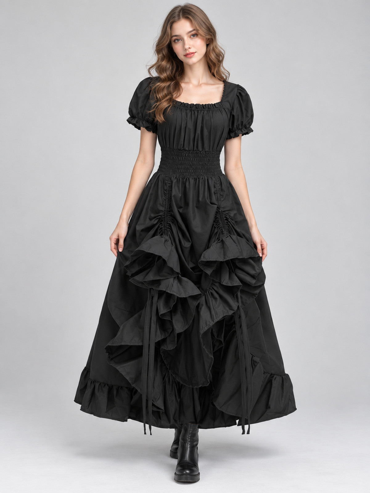 Black Square-Neck Dress with Puff Sleeves