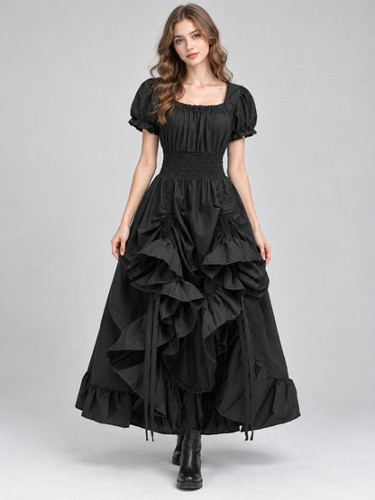 Black Square-Neck Dress with Puff Sleeves